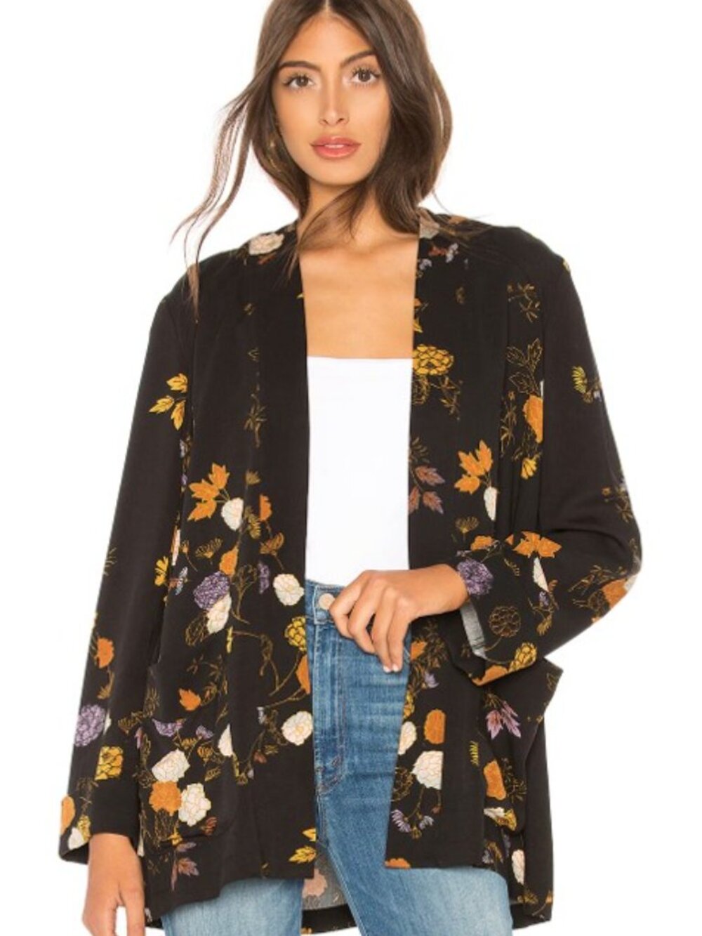 Free People Peony Wrap Kimono Jacket, Black Floral, S - Picture 2 of 10